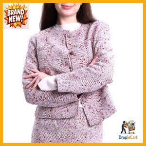 Cropped Tweed Blazer Slim Fit Collarless Classic Chic Button Up Jacket